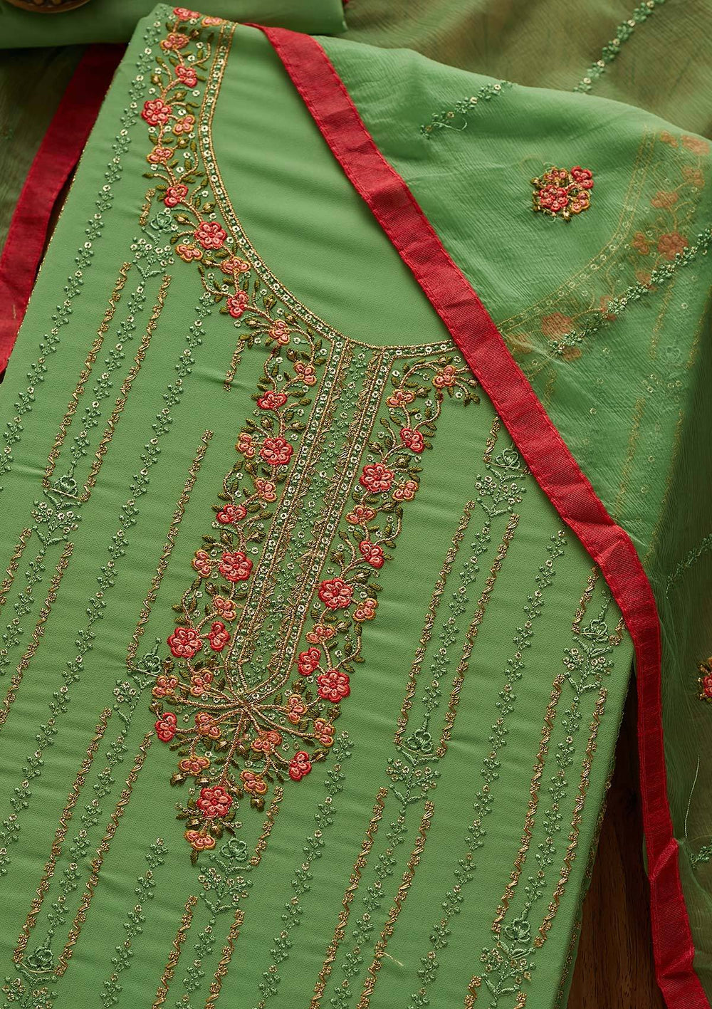 Parrot Green Threadwork Georgette Designer Unstitched Salwar Suit - Koskii