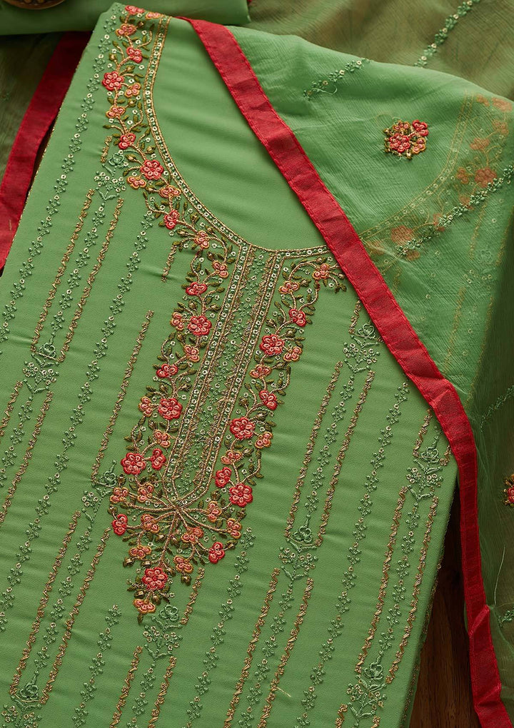 Parrot Green Threadwork Georgette Designer Unstitched Salwar Suit - Koskii