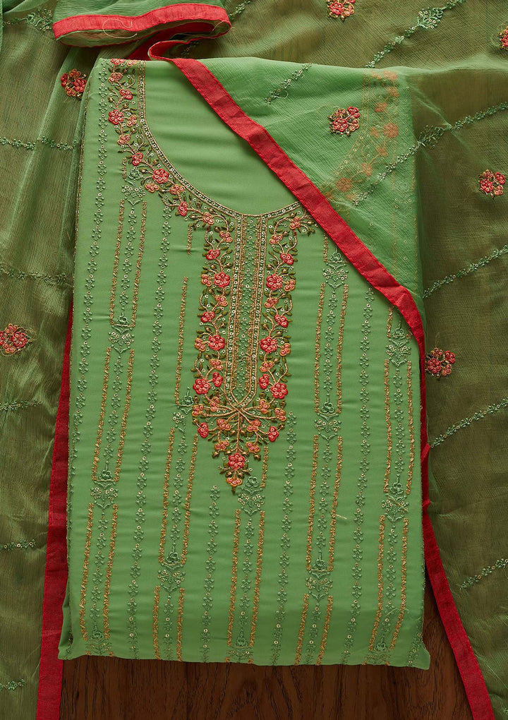 Parrot Green Threadwork Georgette Designer Unstitched Salwar Suit - Koskii