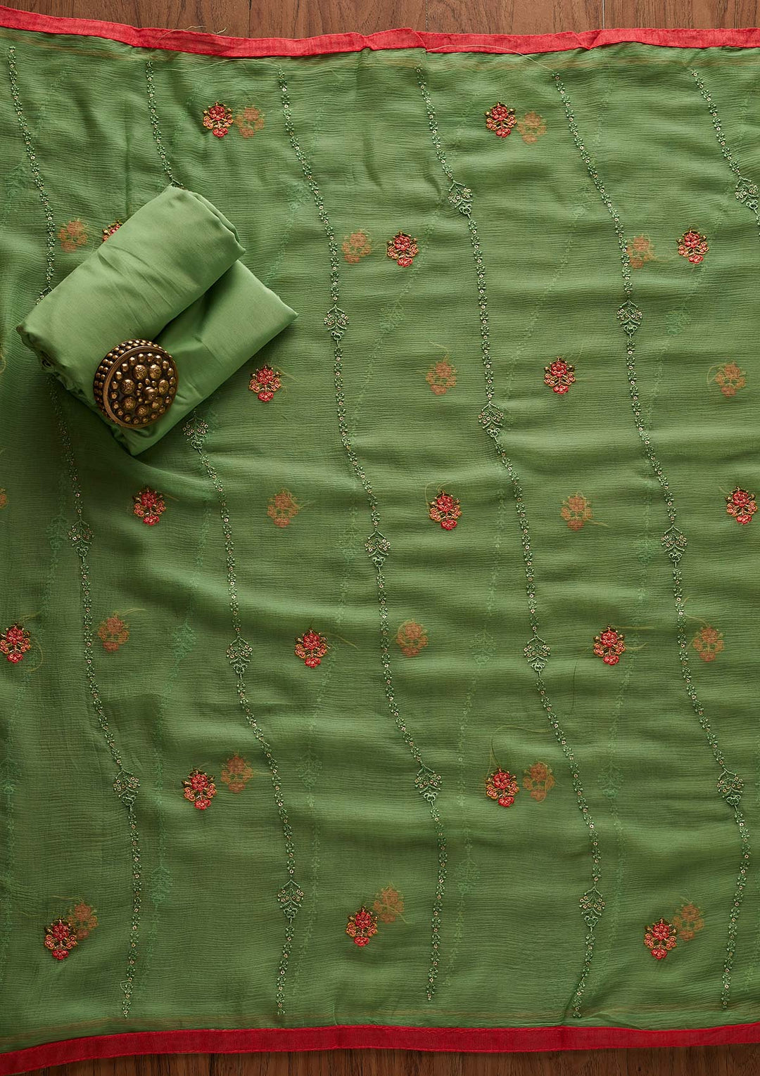 Parrot Green Threadwork Georgette Designer Unstitched Salwar Suit - Koskii
