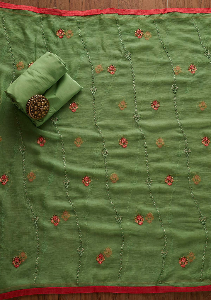 Parrot Green Threadwork Georgette Designer Unstitched Salwar Suit - Koskii