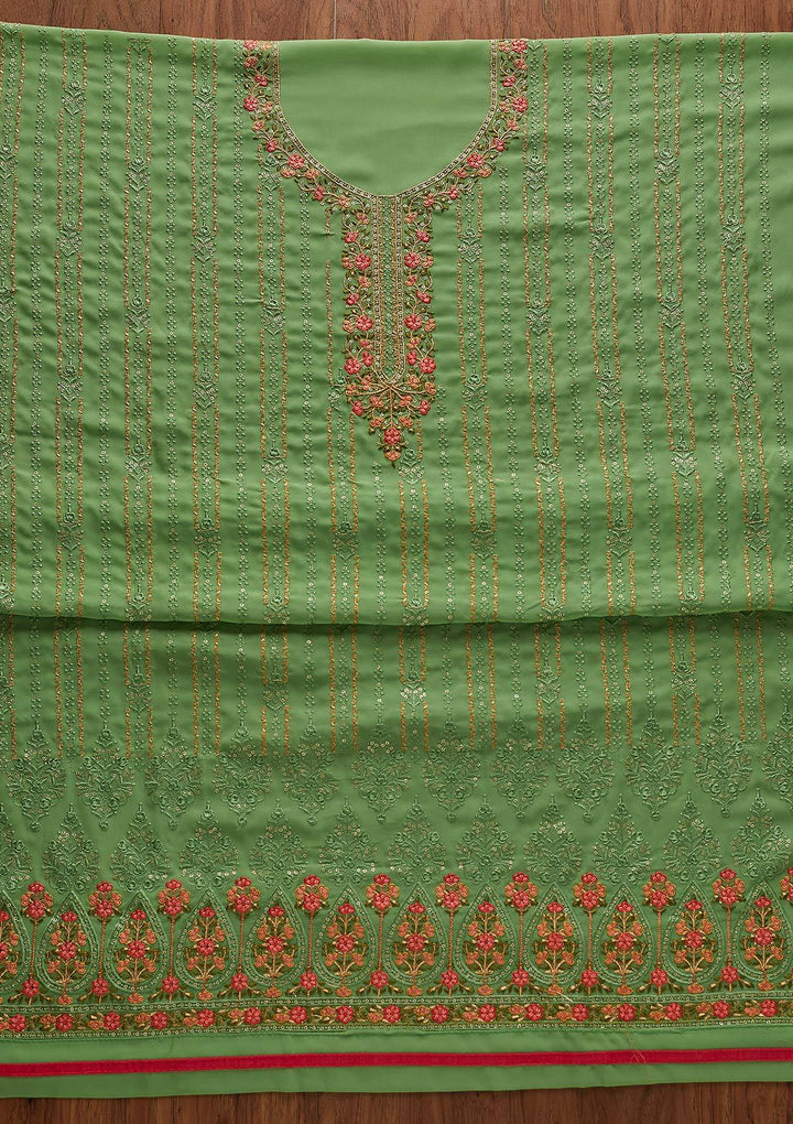 Parrot Green Threadwork Georgette Designer Unstitched Salwar Suit - Koskii