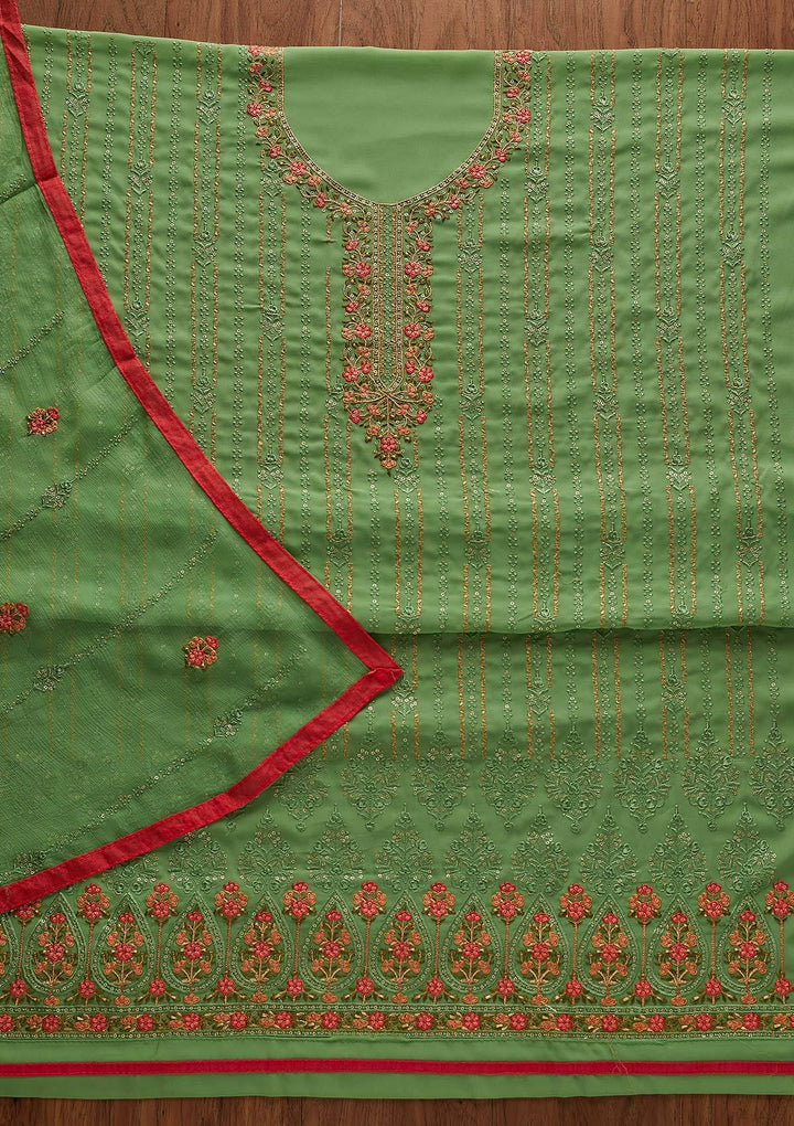 Parrot Green Threadwork Georgette Designer Unstitched Salwar Suit - Koskii