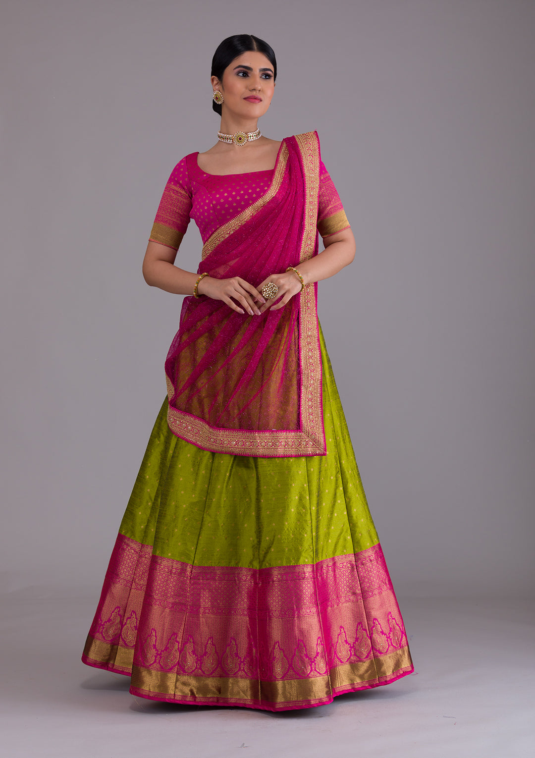 Parrot Green Zariwork Art Silk Semi Stitched Lehenga-Koskii