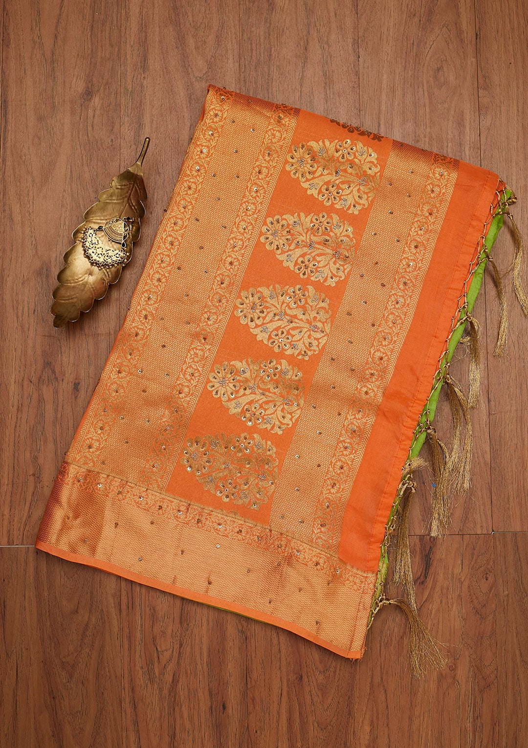 Parrot Green Zariwork Art Silk Designer Saree - koskii