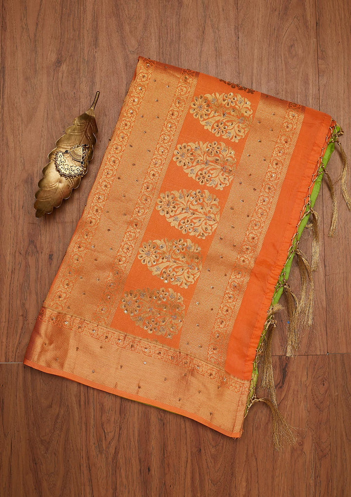 Parrot Green Zariwork Art Silk Designer Saree - koskii