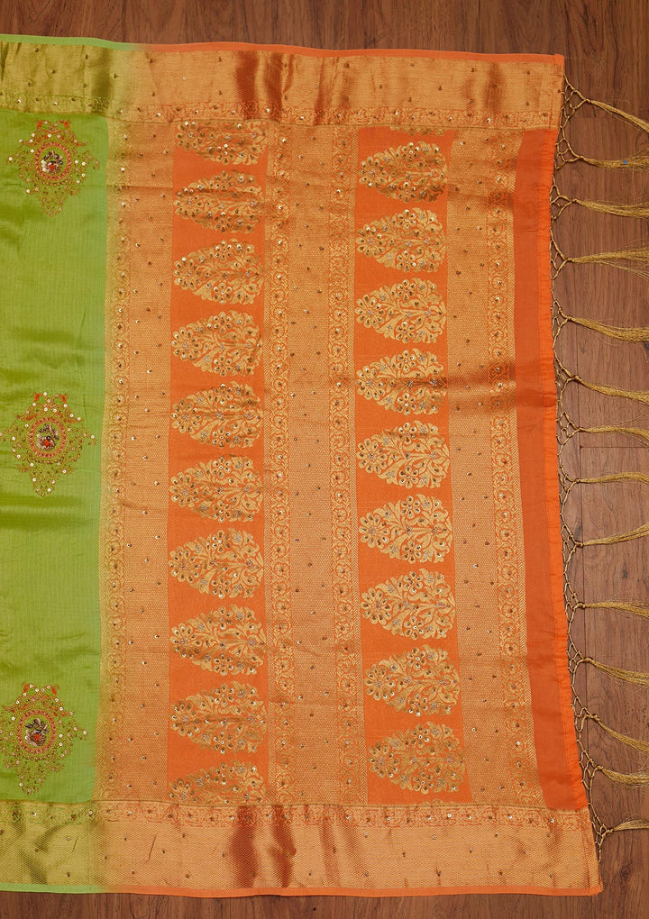 Parrot Green Zariwork Art Silk Designer Saree - koskii