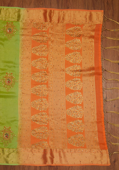 Parrot Green Zariwork Art Silk Designer Saree - koskii