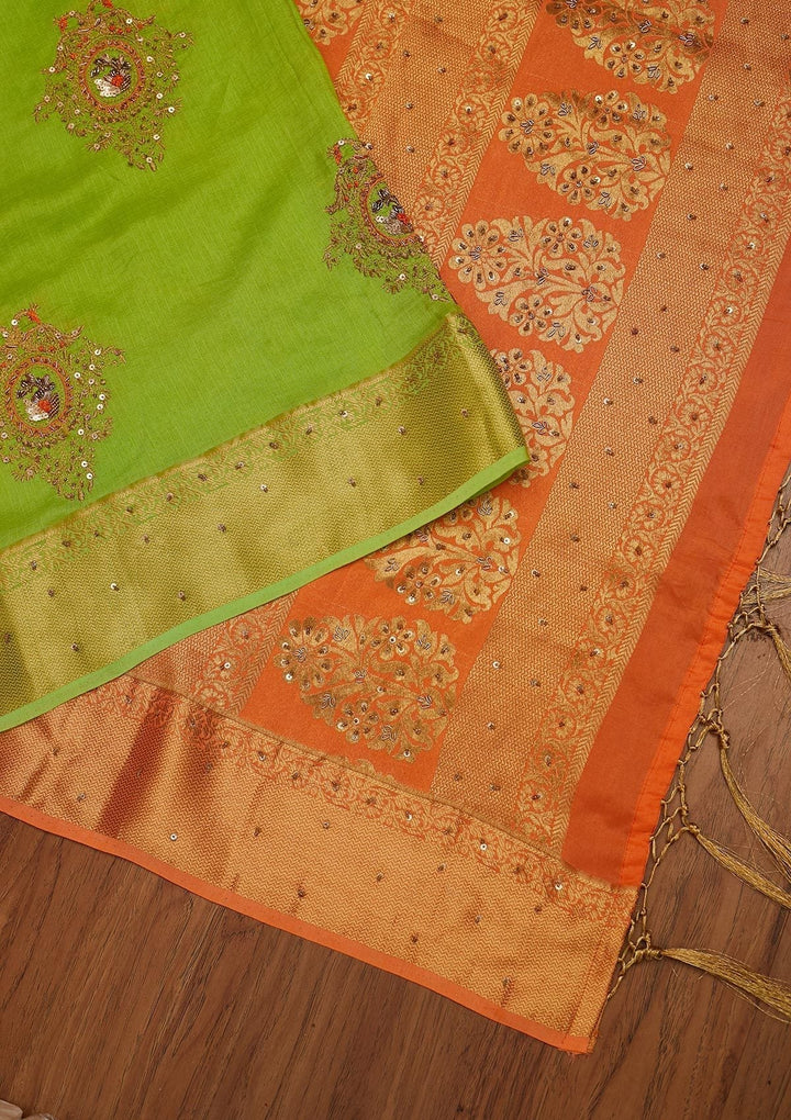 Parrot Green Zariwork Art Silk Designer Saree - koskii