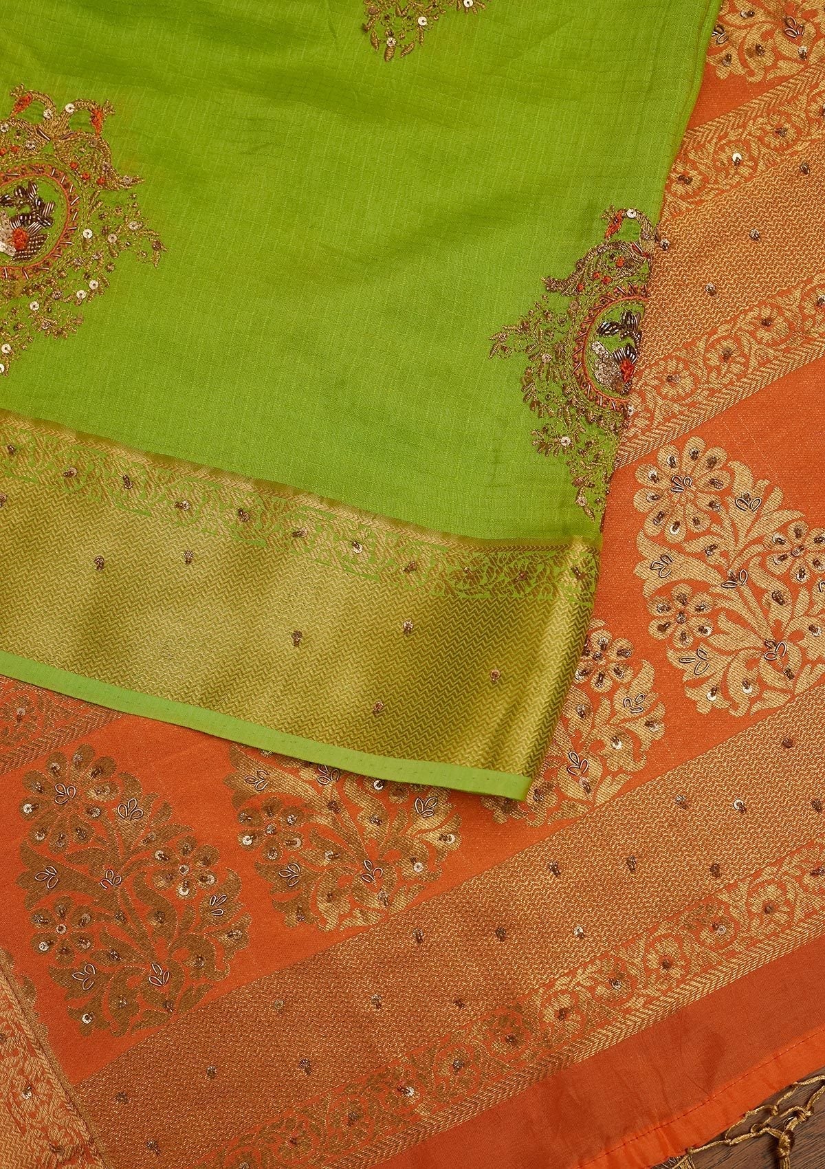 Parrot Green Zariwork Art Silk Designer Saree - koskii