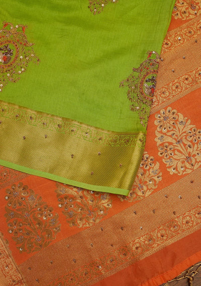 Parrot Green Zariwork Art Silk Designer Saree - koskii