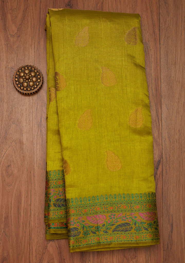 Parrot Green Zariwork Art Silk Designer Saree - Koskii