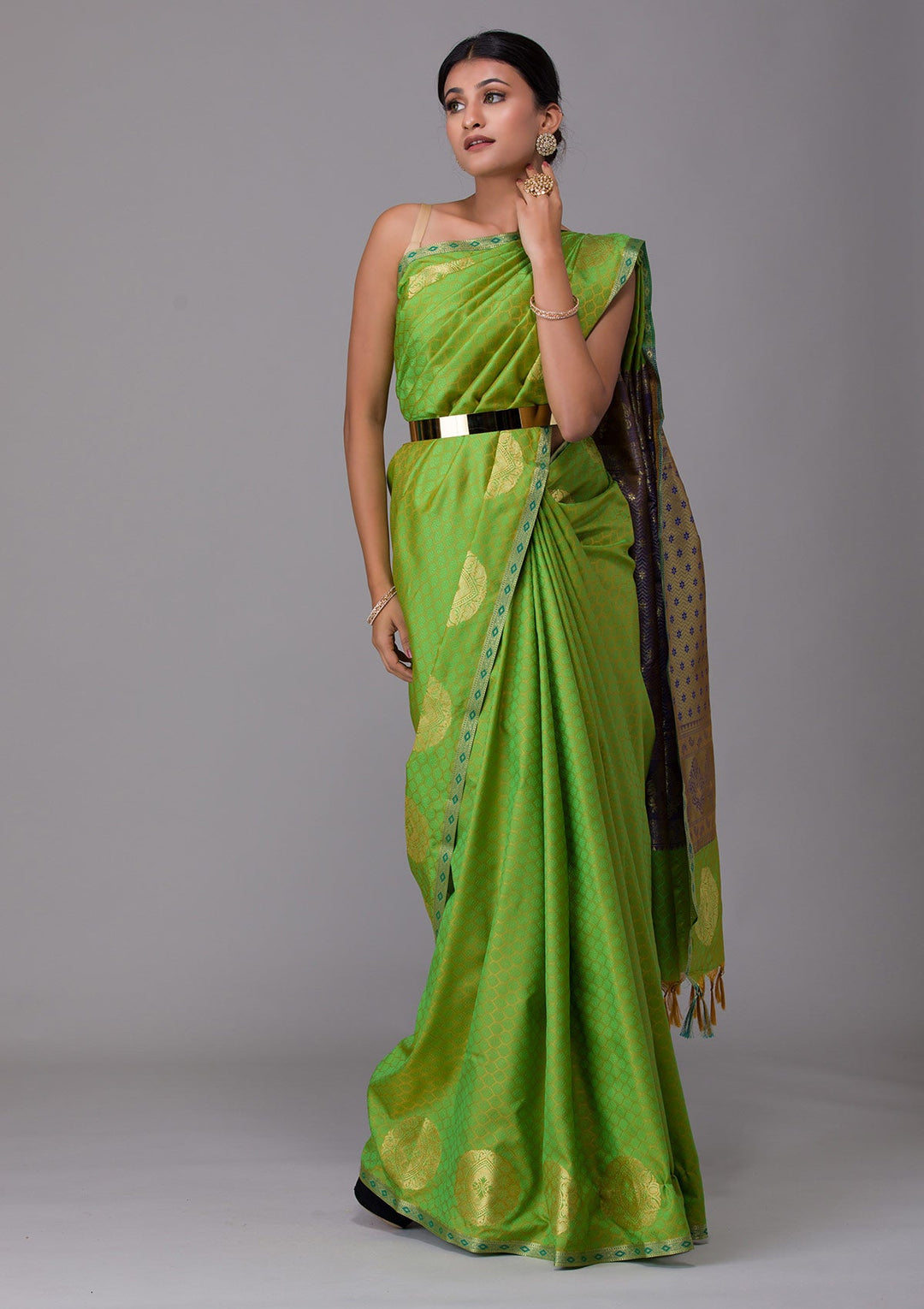 Parrot Green Zariwork Art Silk Saree-Koskii