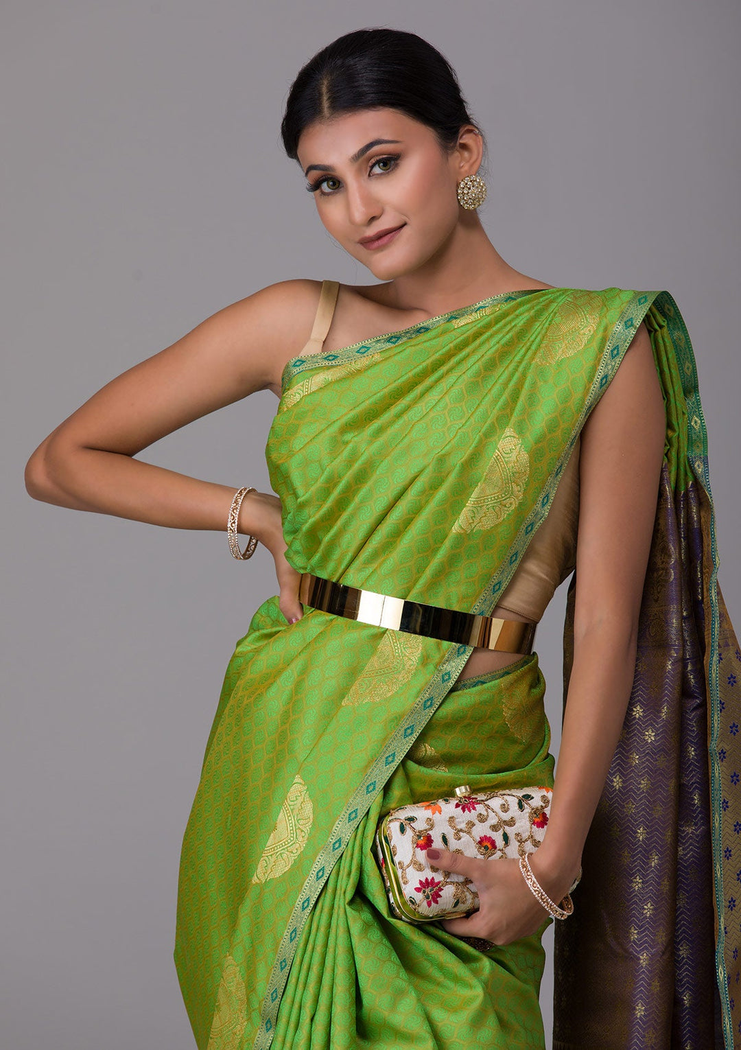 Parrot Green Zariwork Art Silk Saree-Koskii