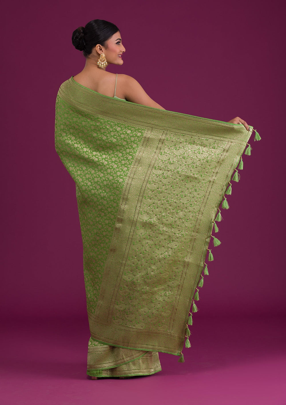 Parrot Green Zariwork Art Silk Unstitched Saree-Koskii