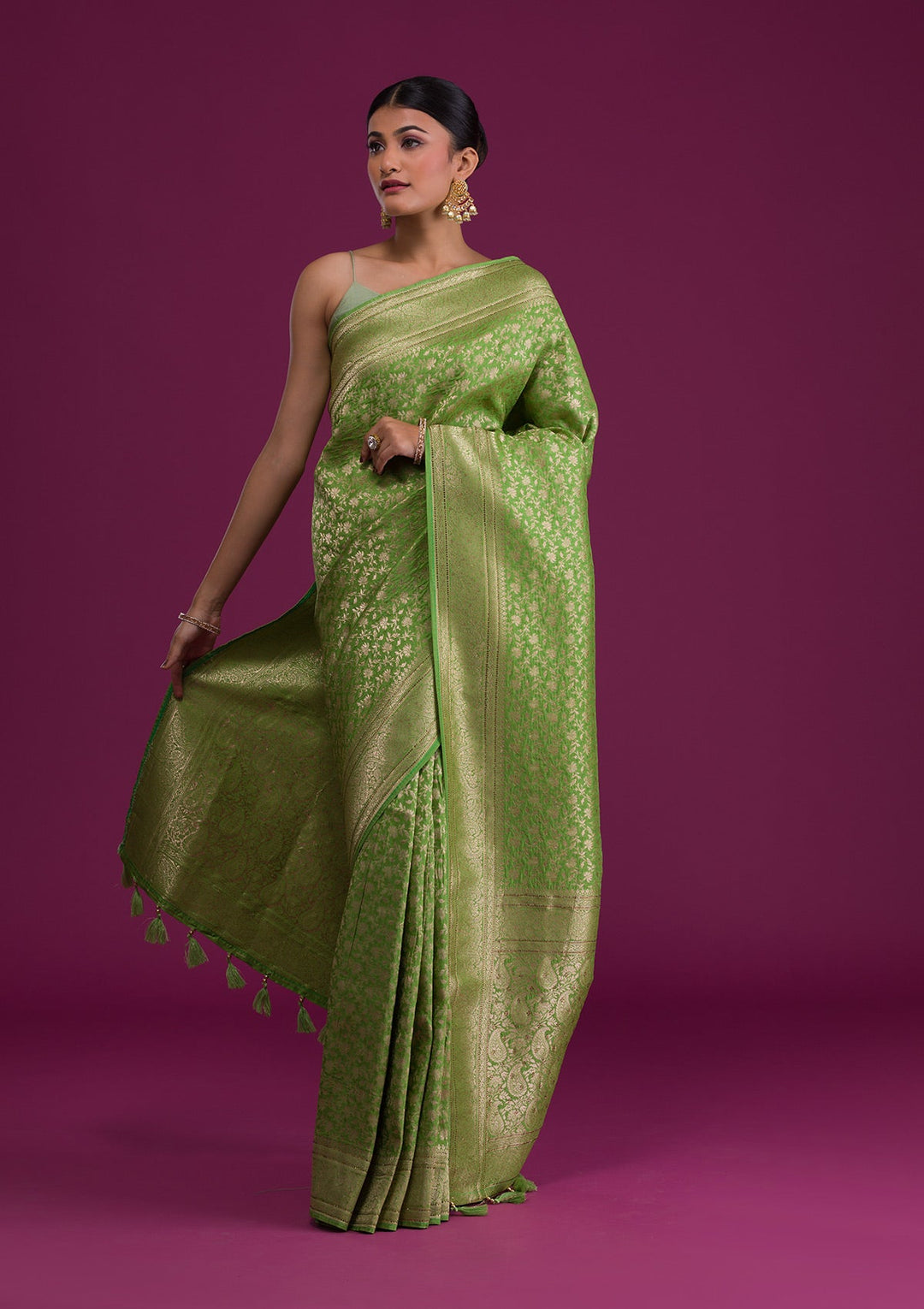 Parrot Green Zariwork Art Silk Unstitched Saree-Koskii