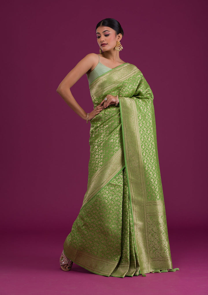Parrot Green Zariwork Art Silk Unstitched Saree-Koskii