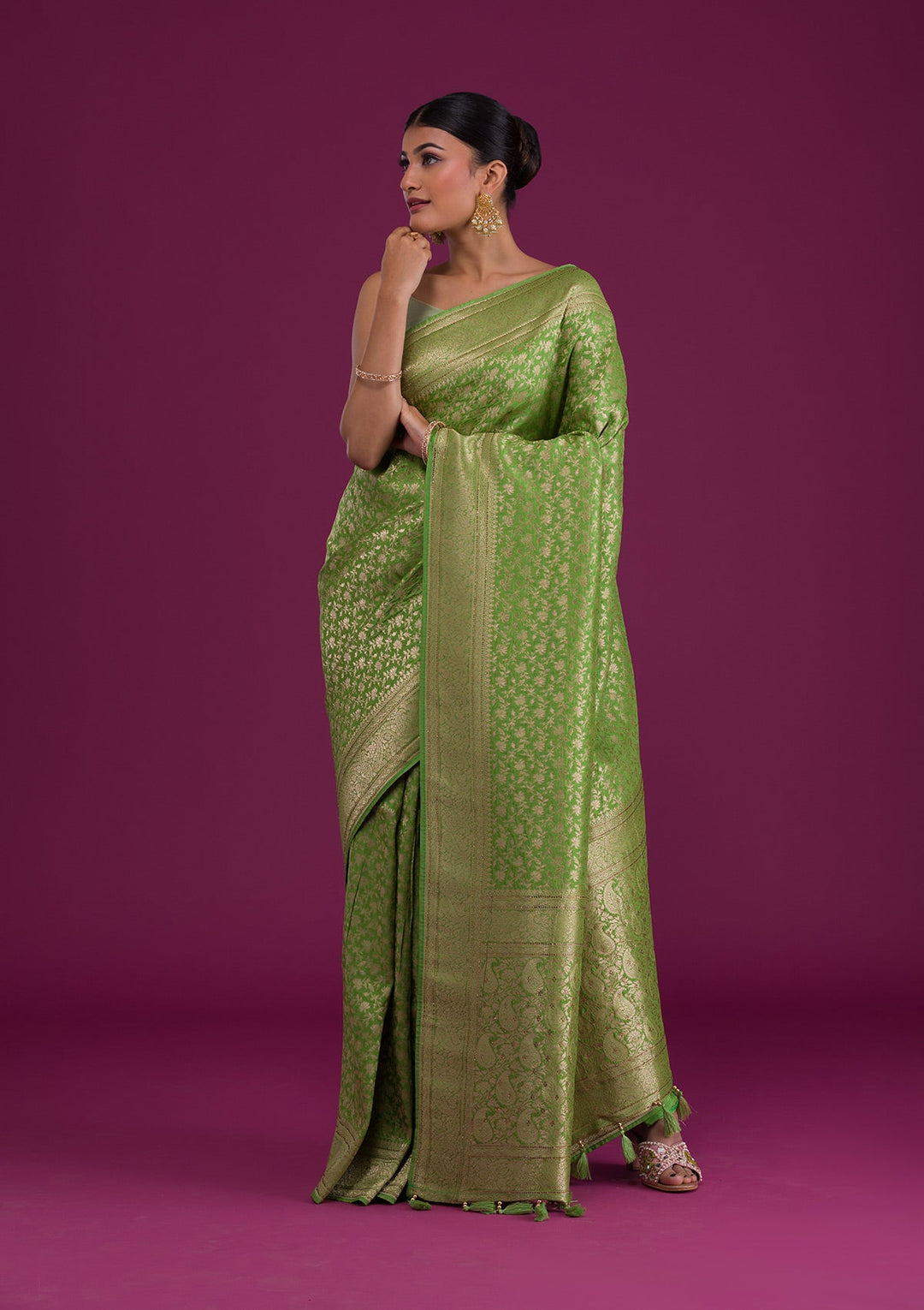 Parrot Green Zariwork Art Silk Unstitched Saree-Koskii