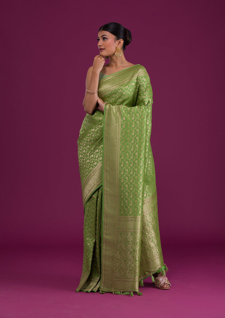 Parrot Green Zariwork Art Silk Unstitched Saree-Koskii