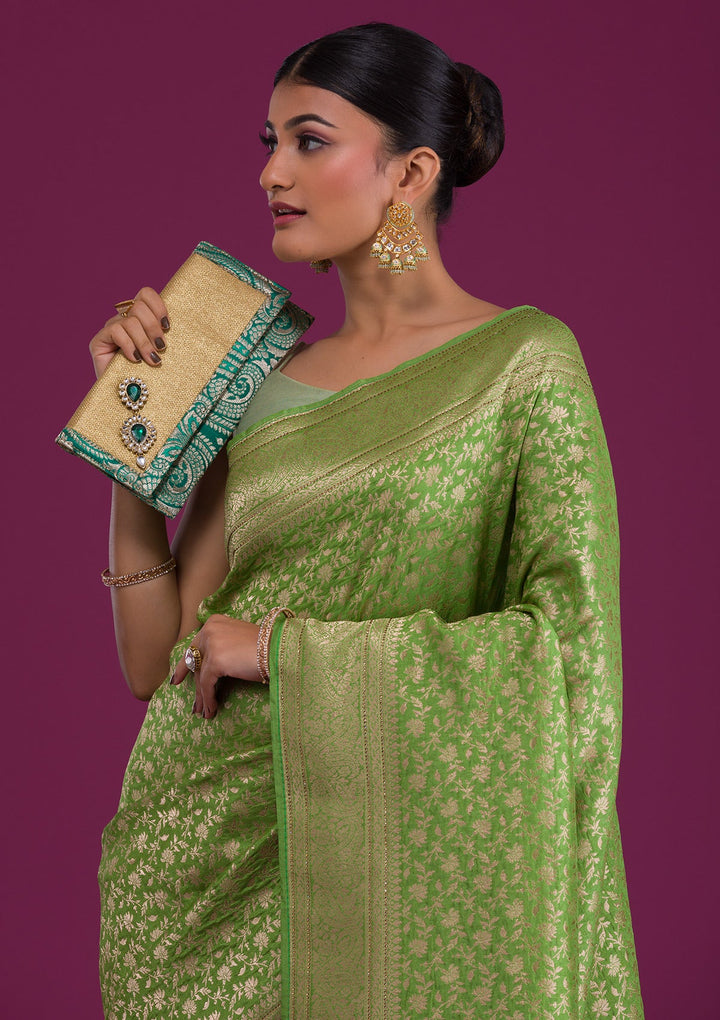 Parrot Green Zariwork Art Silk Unstitched Saree-Koskii