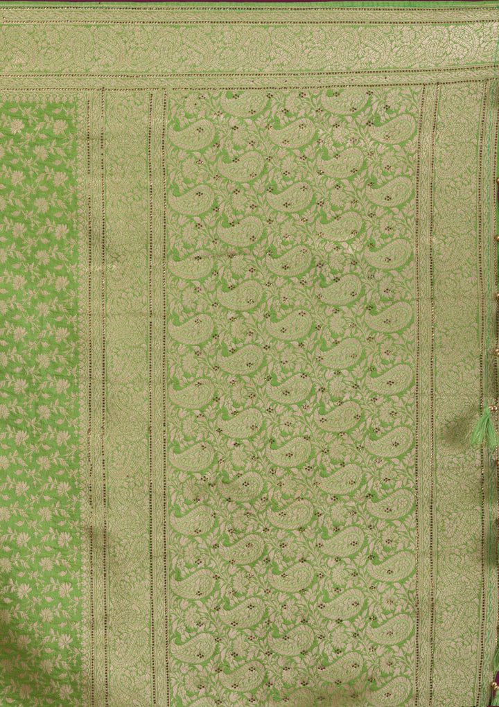 Parrot Green Zariwork Art Silk Unstitched Saree-Koskii