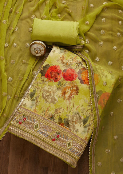 Parrot Green Zariwork Georgette Unstitched Salwar Suit-Koskii