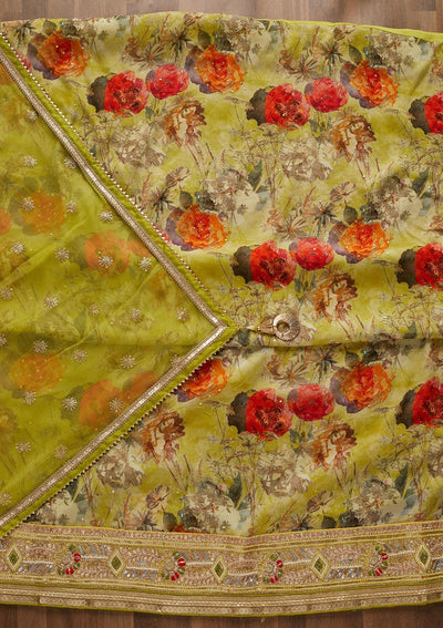 Parrot Green Zariwork Georgette Unstitched Salwar Suit-Koskii