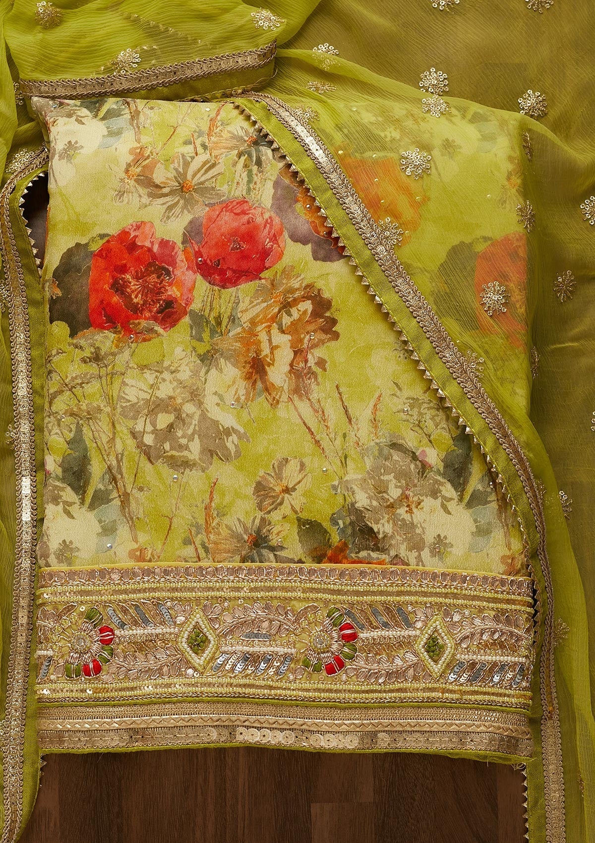 Parrot Green Zariwork Georgette Unstitched Salwar Suit-Koskii