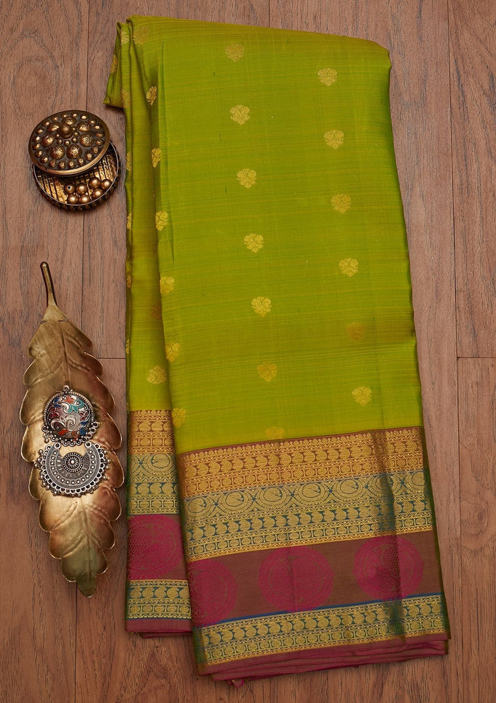 Parrot Green Zariwork Pure Silk Designer Saree - koskii