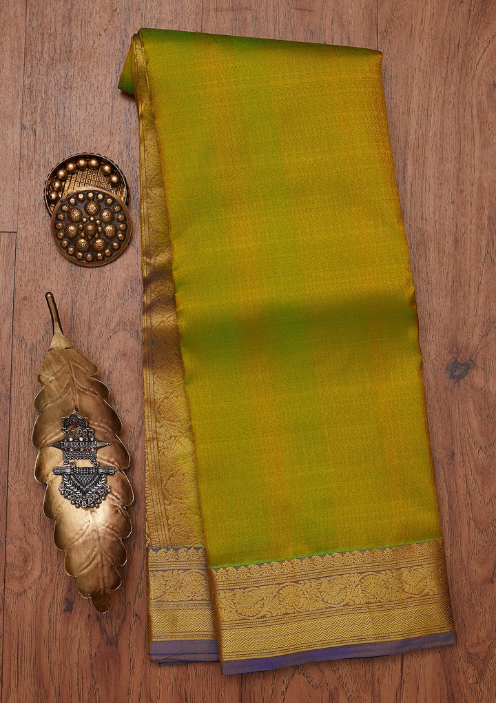 Parrot Green Zariwork Pure Silk Designer Unstitched Saree - Koskii