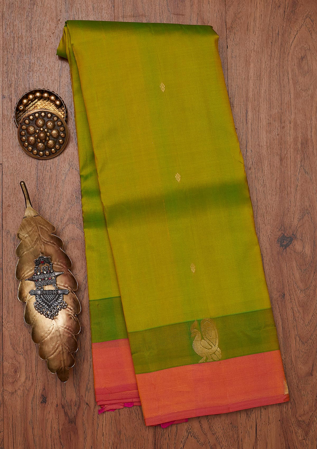 Parrot Green Zariwork Pure Silk Designer Unstitched Saree - Koskii