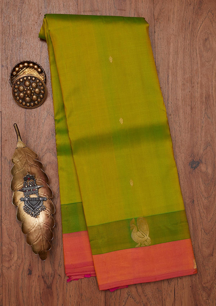 Parrot Green Zariwork Pure Silk Designer Unstitched Saree - Koskii