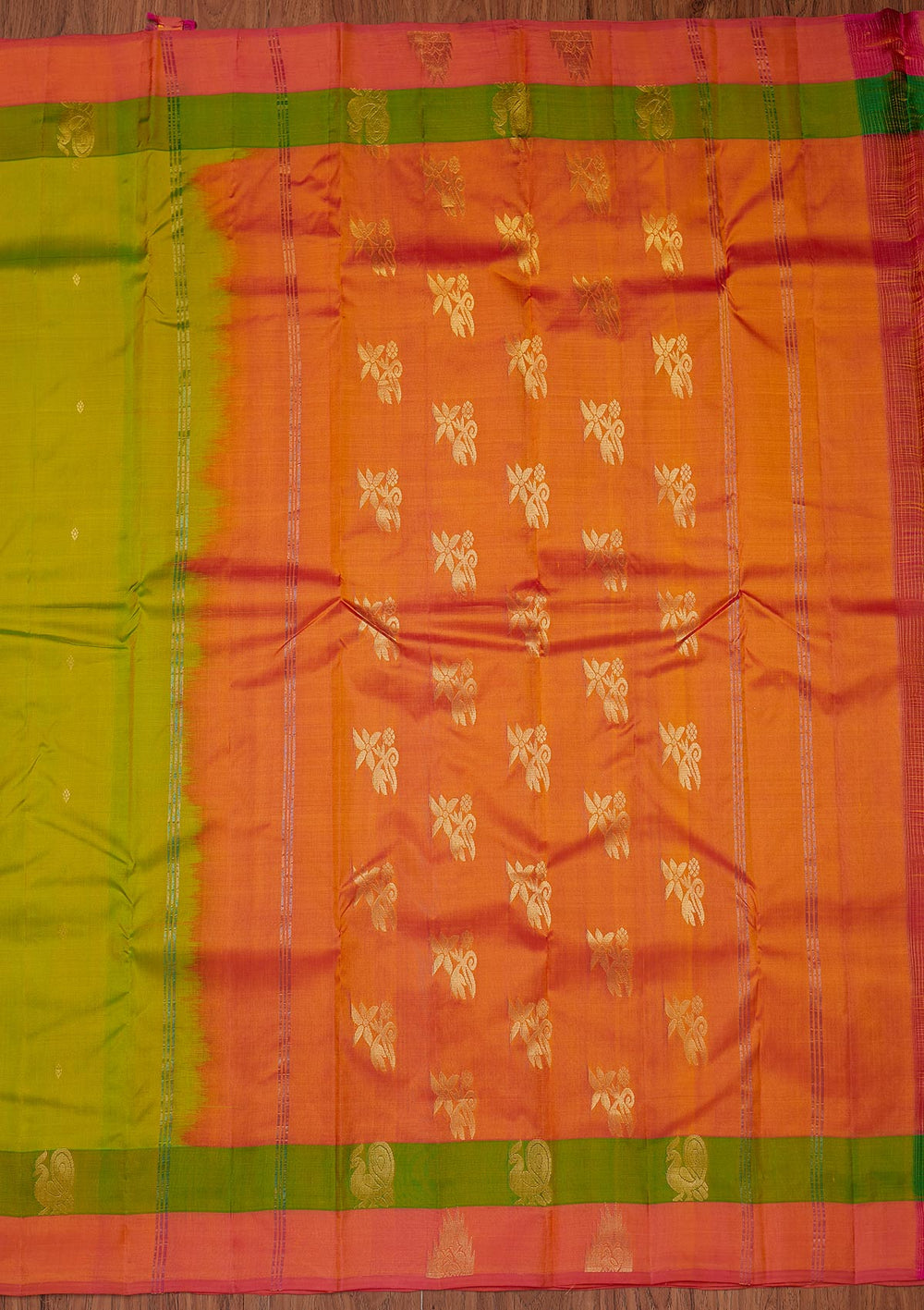 Parrot Green Zariwork Pure Silk Designer Unstitched Saree - Koskii