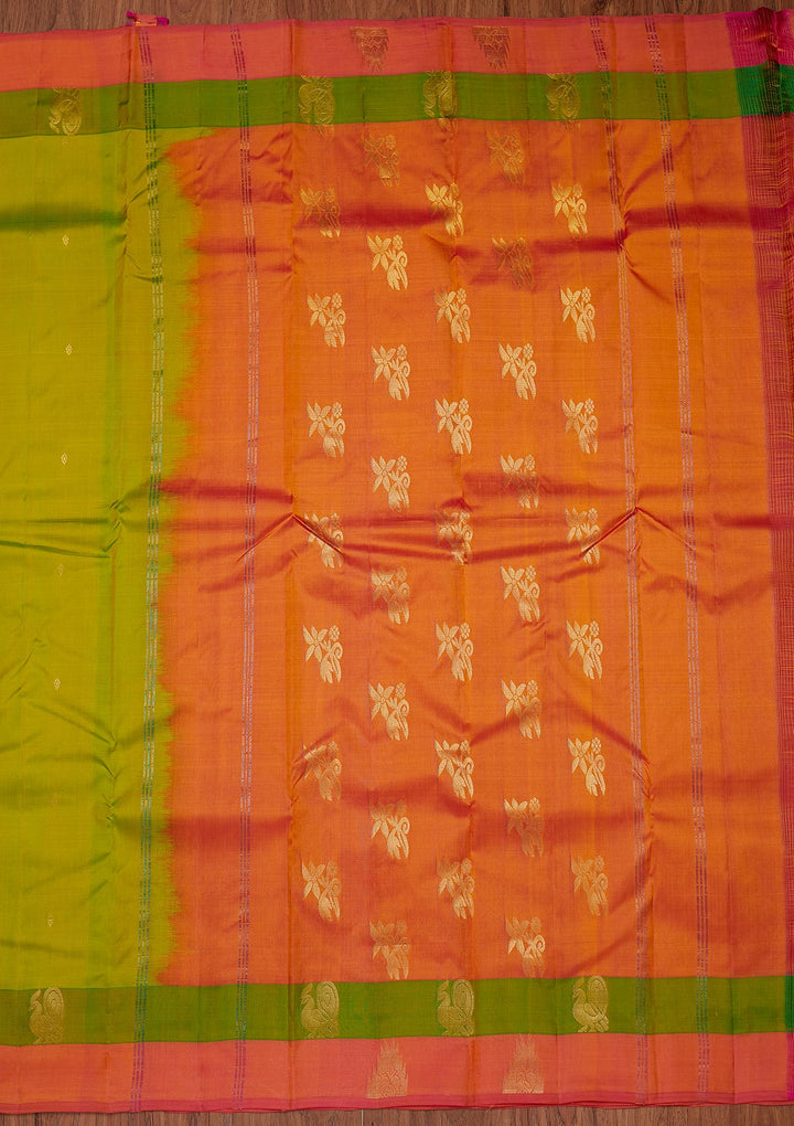 Parrot Green Zariwork Pure Silk Designer Unstitched Saree - Koskii