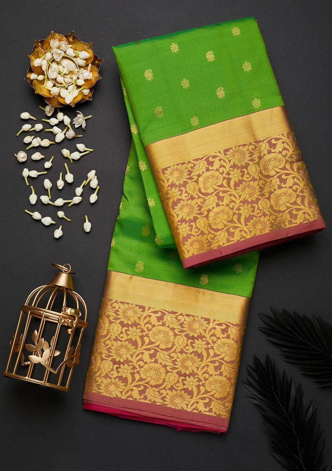 Parrot Green Zariwork Pure Silk Designer Saree - Koskii