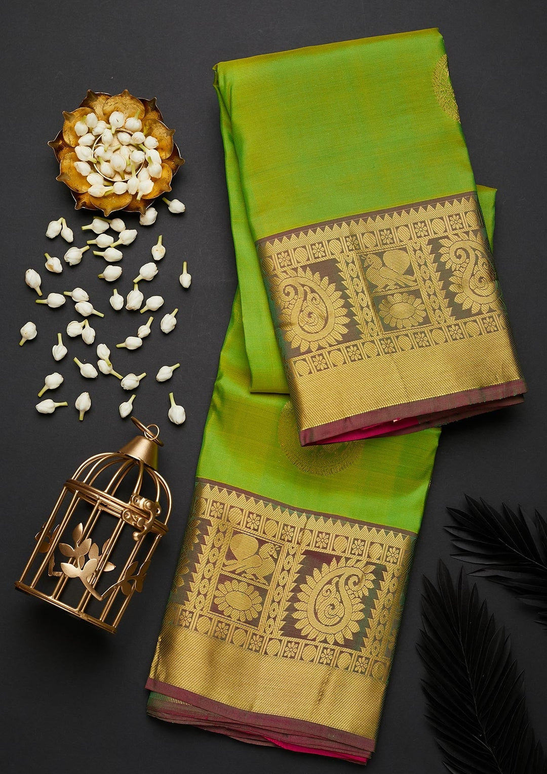 Parrot Green Zariwork Pure Silk Designer Saree - Koskii