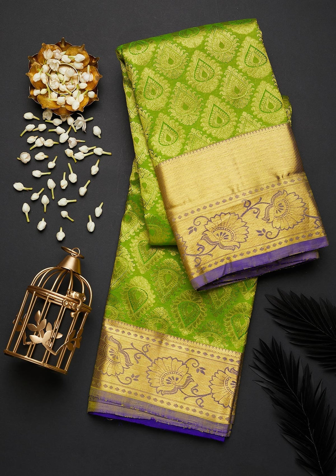 Parrot Green Zariwork Pure Silk Designer Saree - Koskii