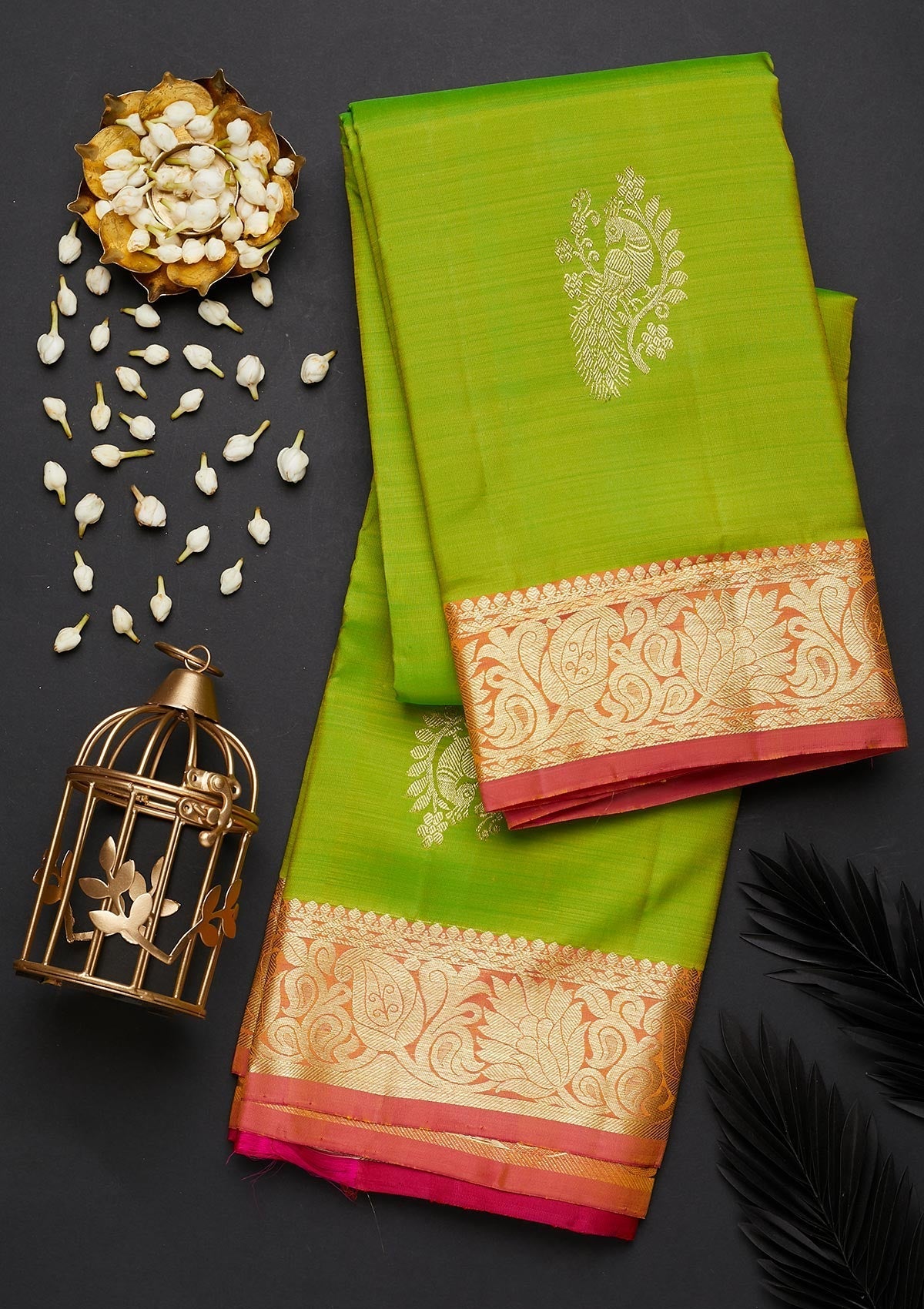 Parrot Green Zariwork Pure Silk Designer Saree - Koskii
