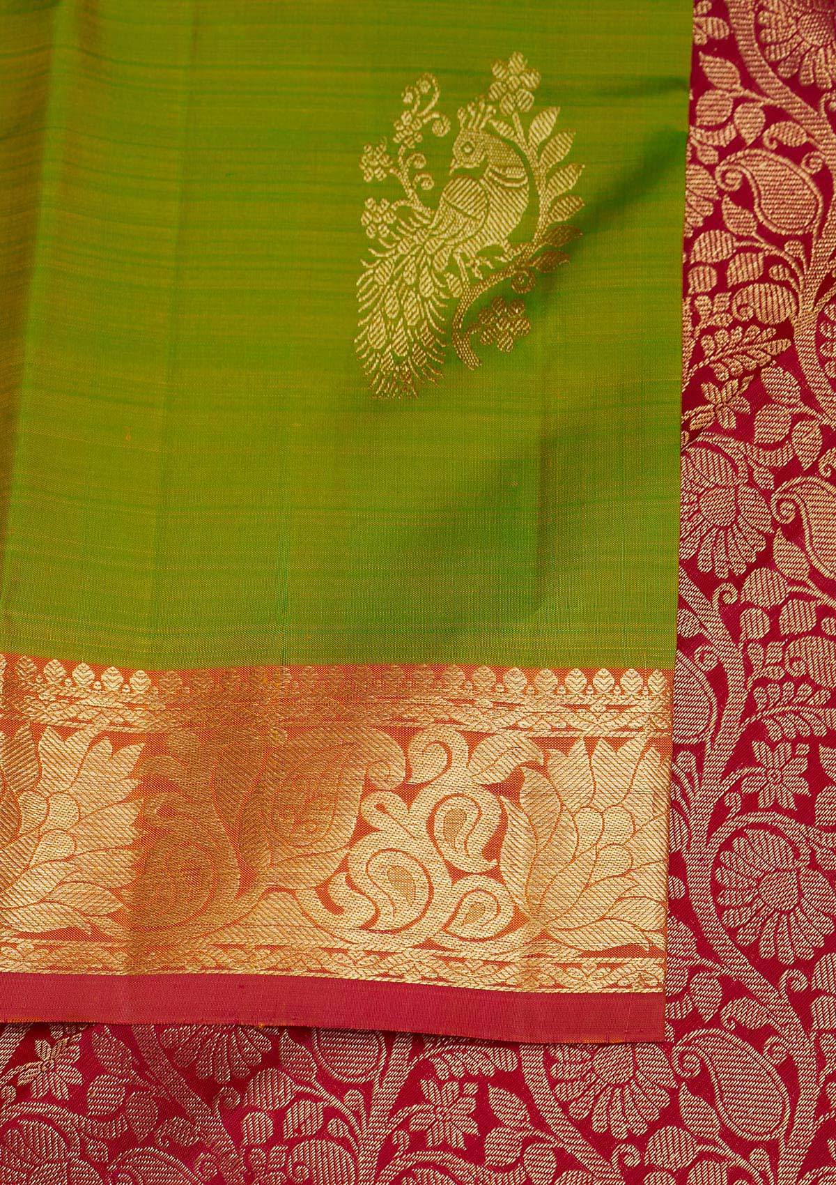 Parrot Green Zariwork Pure Silk Designer Saree - Koskii