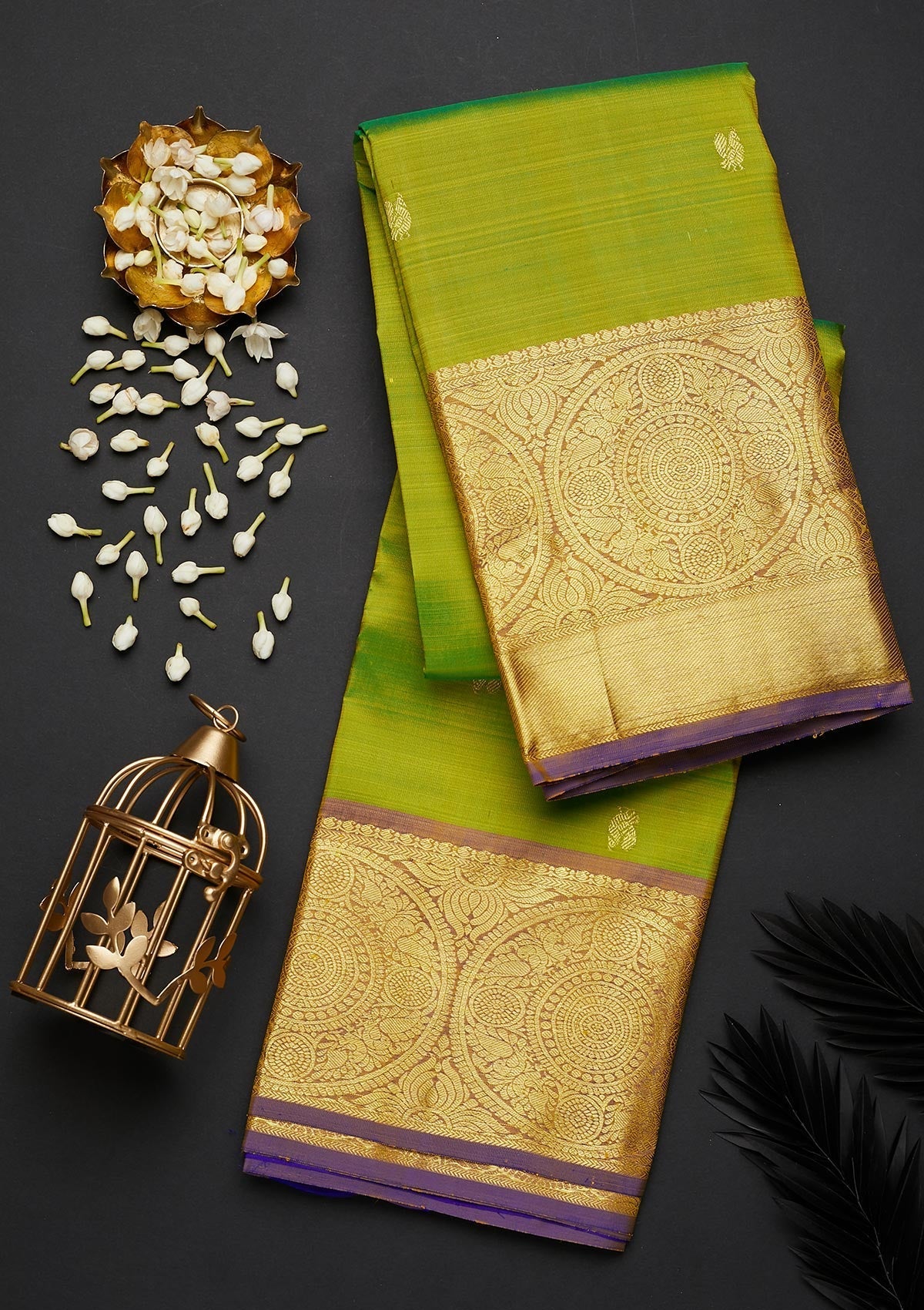 Parrot Green Zariwork Pure Silk Designer Saree - Koskii