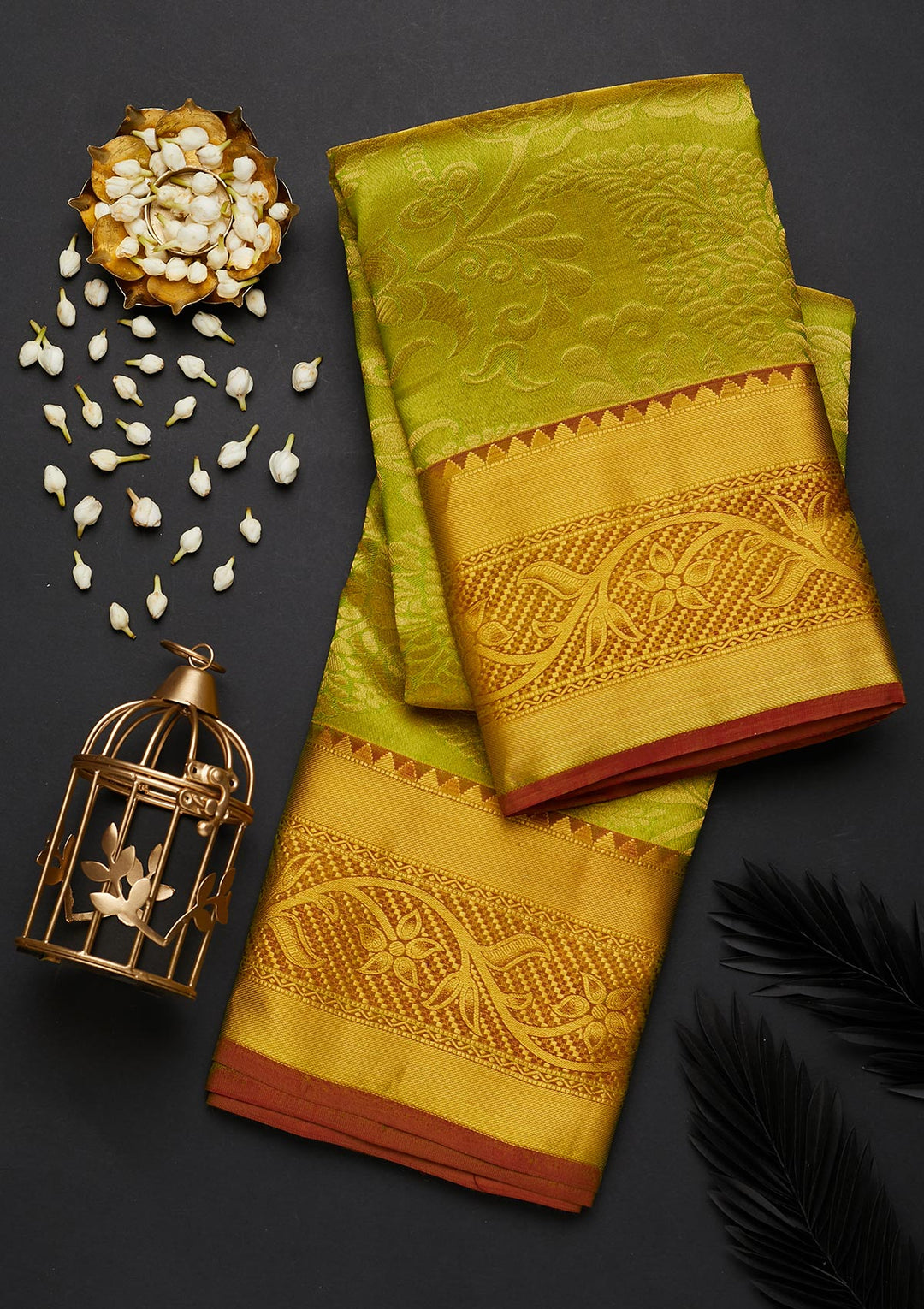 Parrot Green Zariwork Pure Silk Designer Saree - Koskii