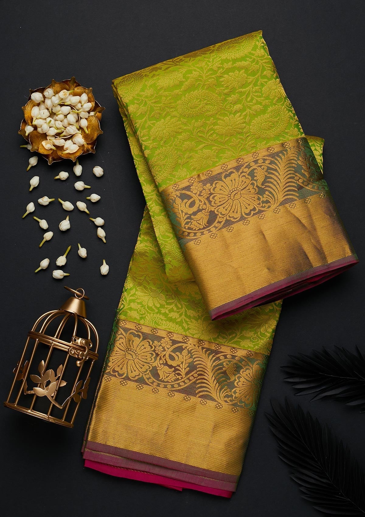 Parrot Green Zariwork Pure Silk Designer Saree - Koskii