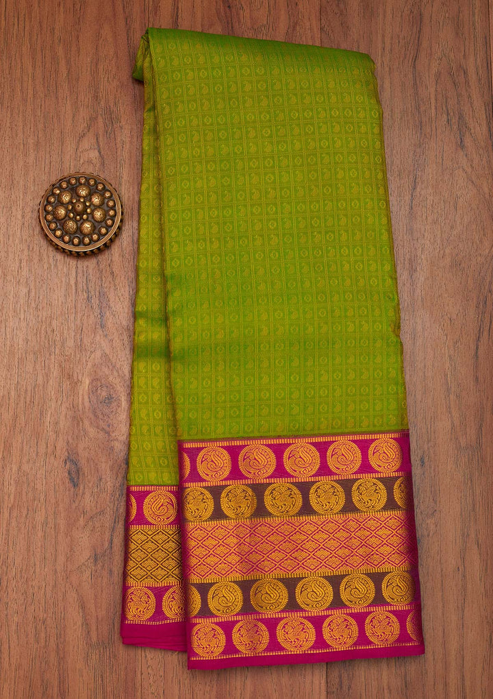 Parrot Green Zariwork Pure Silk Saree- Koskii