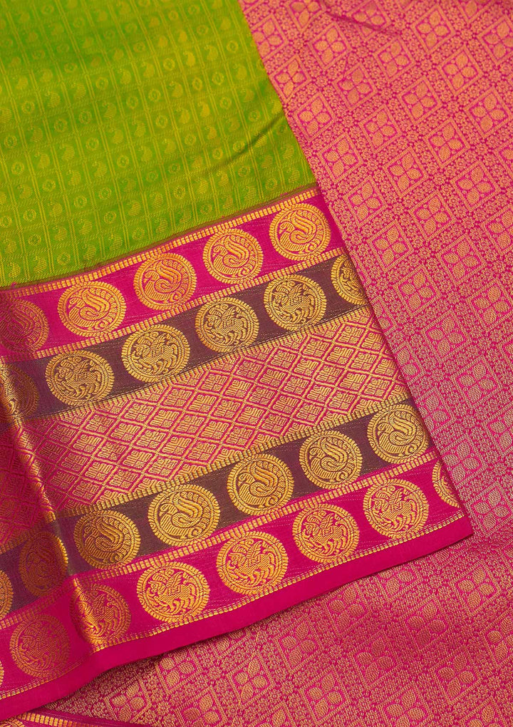 Parrot Green Zariwork Pure Silk Saree - Koskii