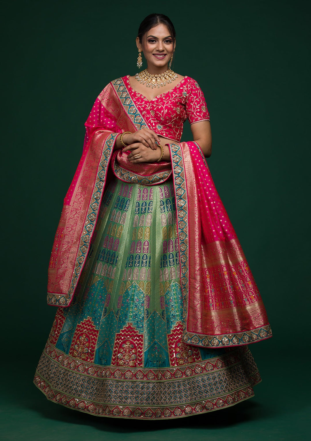 Parrot Green Zariwork Raw Silk Lehenga-koskii