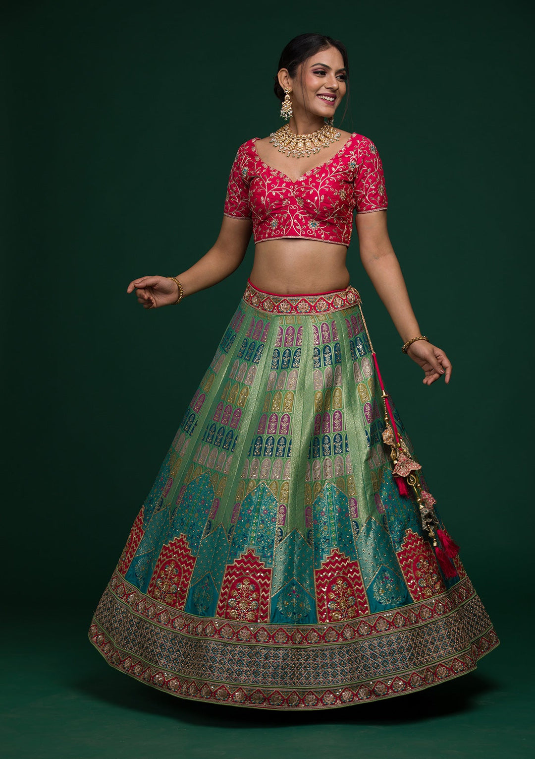 Parrot Green Zariwork Raw Silk Lehenga-koskii