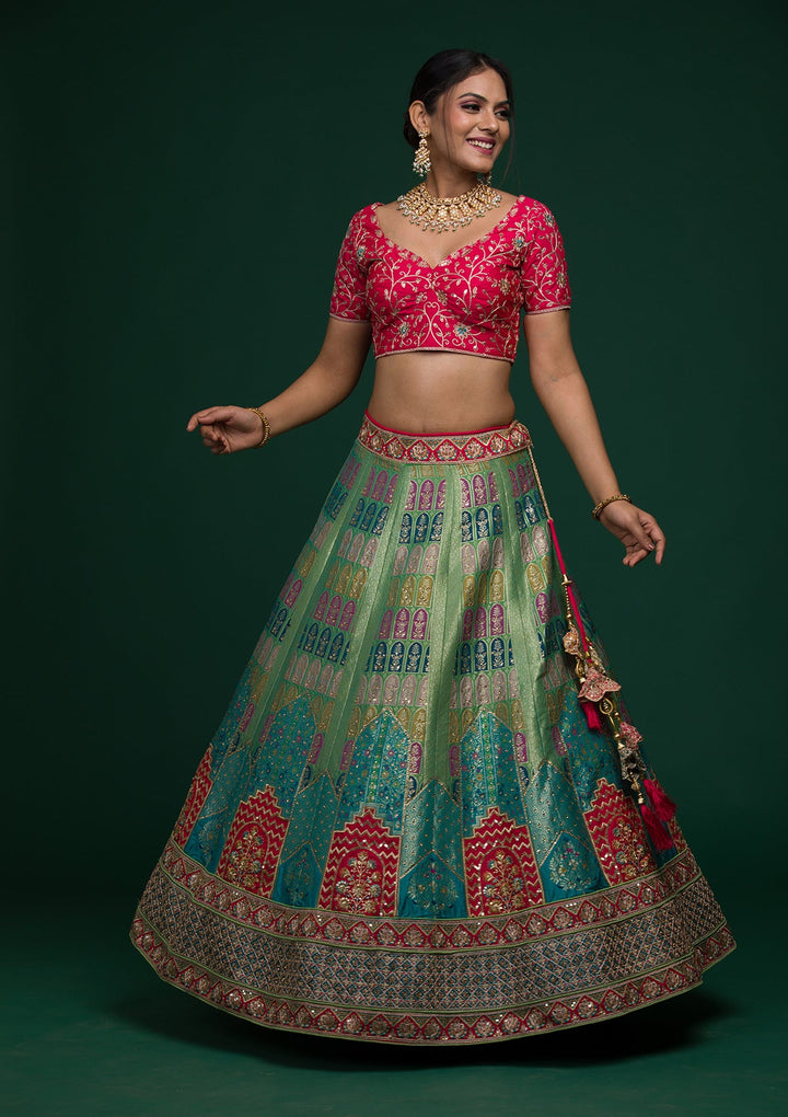 Parrot Green Zariwork Raw Silk Lehenga-koskii