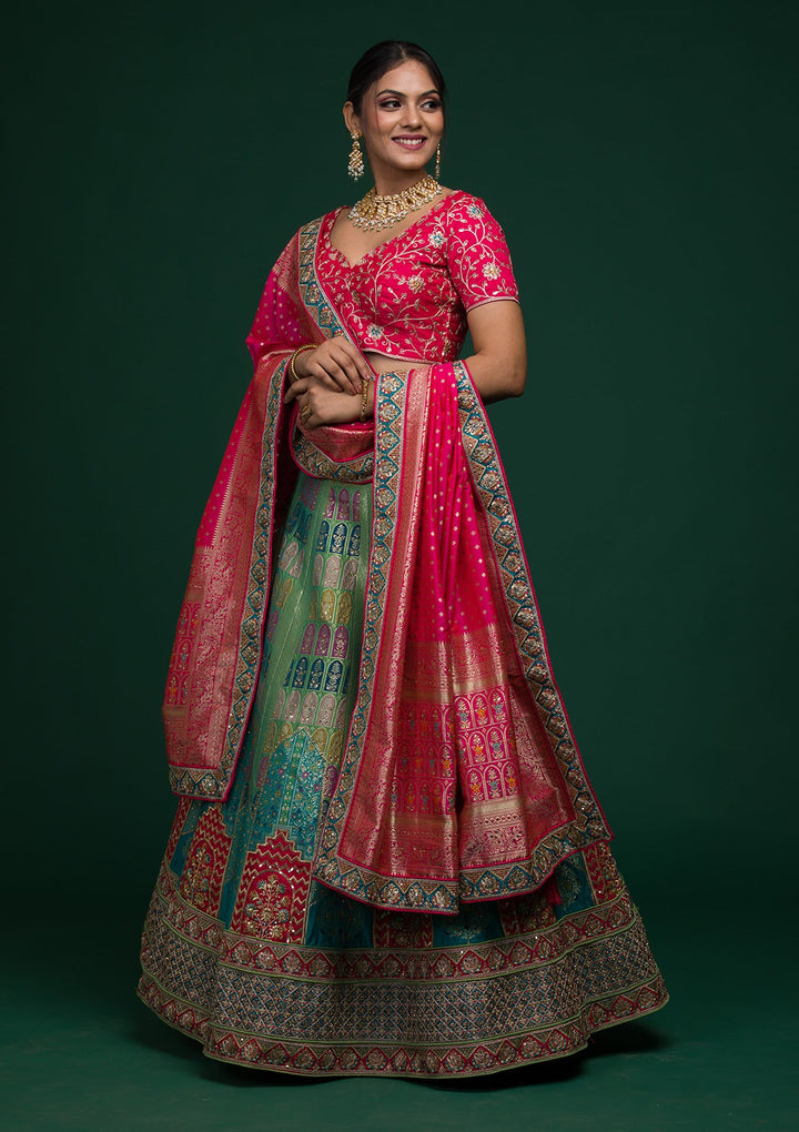 Parrot Green Zariwork Raw Silk Lehenga-koskii