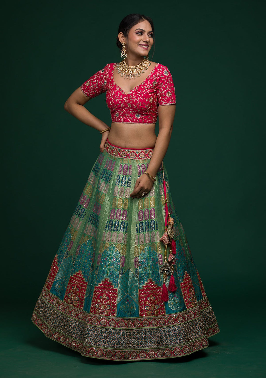 Parrot Green Zariwork Raw Silk Lehenga-koskii