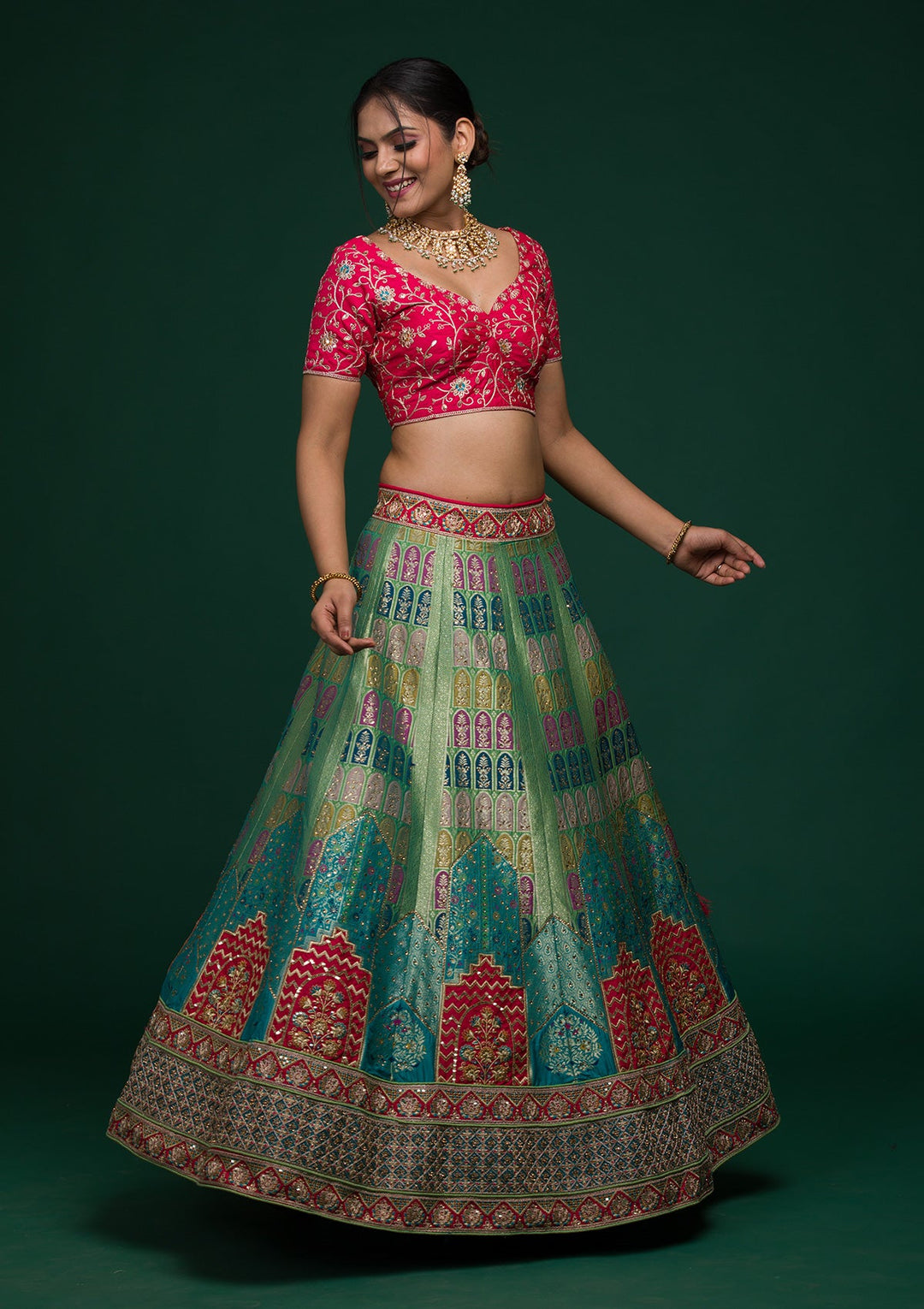 Parrot Green Zariwork Raw Silk Lehenga-koskii